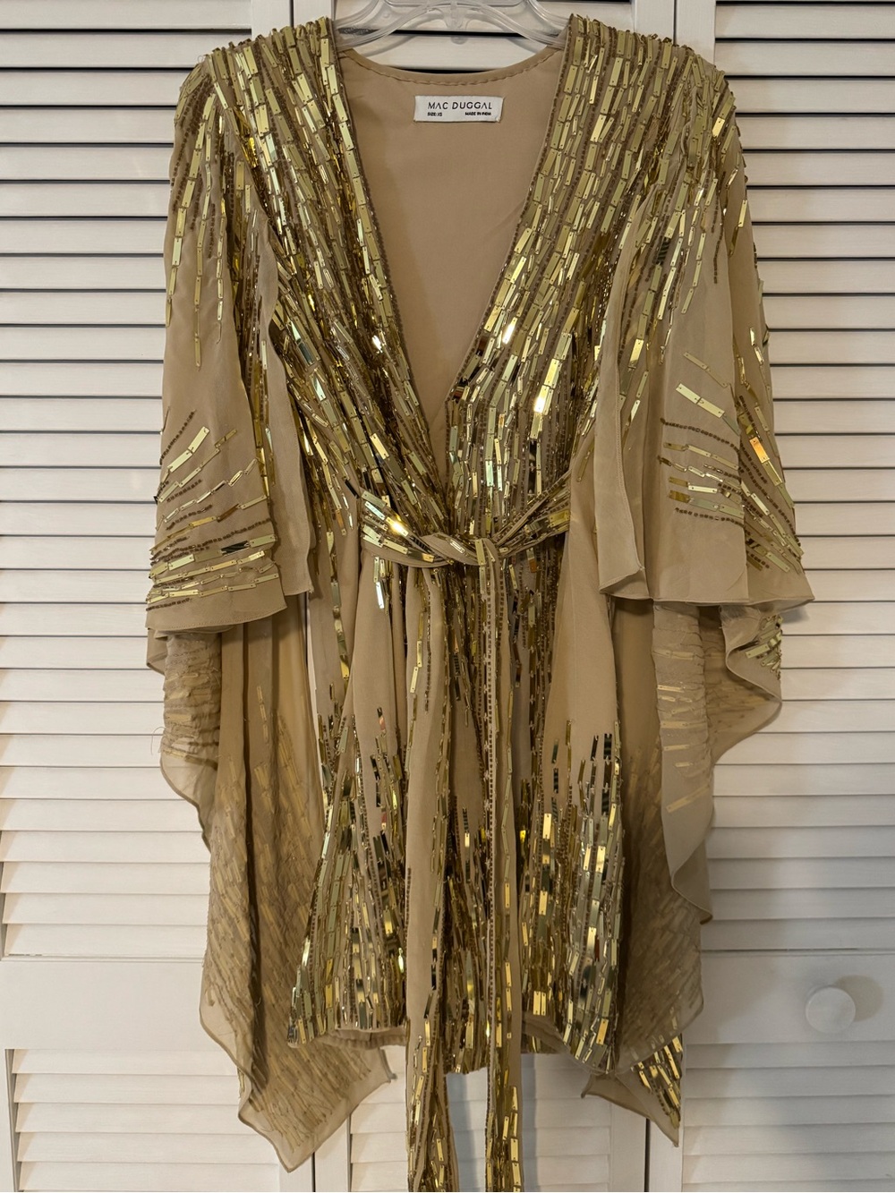 Mac Duggal Gold Beaded Chiffon Kimono Wrap Dress